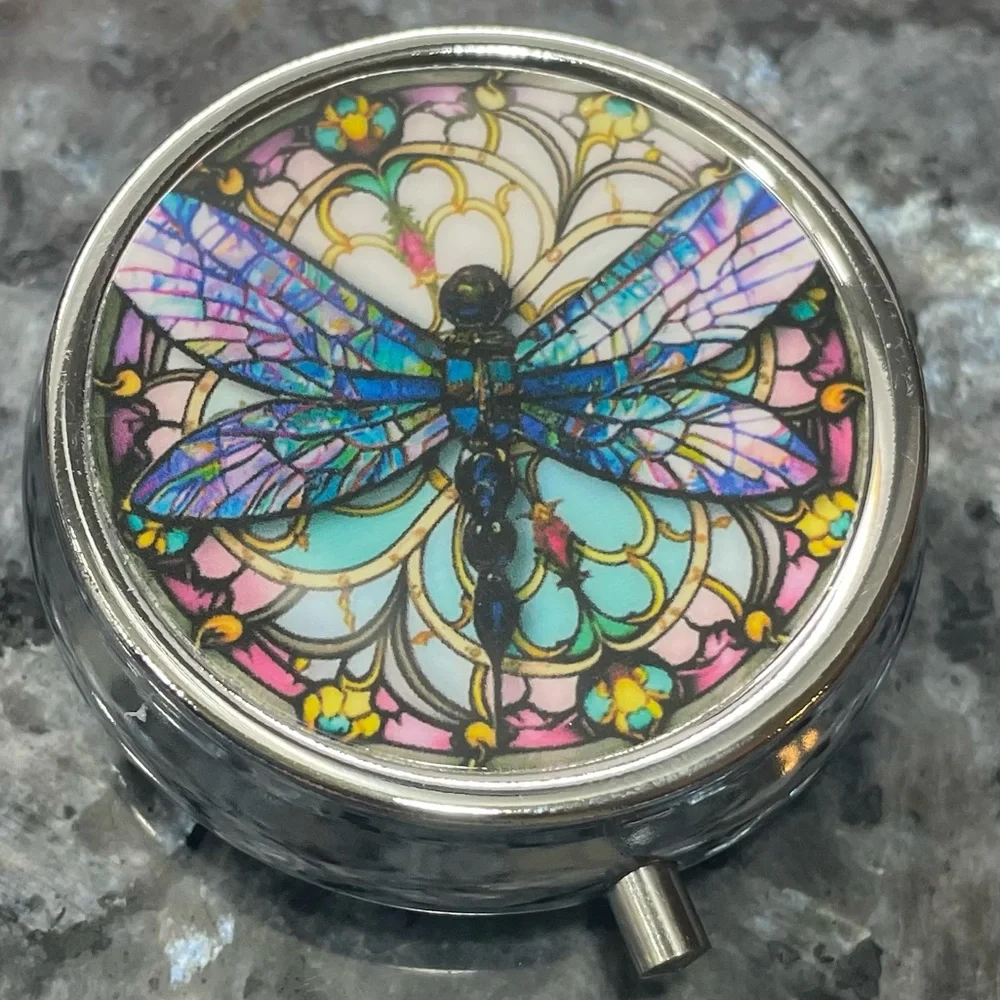Colorful dragonfly round pillbox / NWOT - Picture 1 of 6